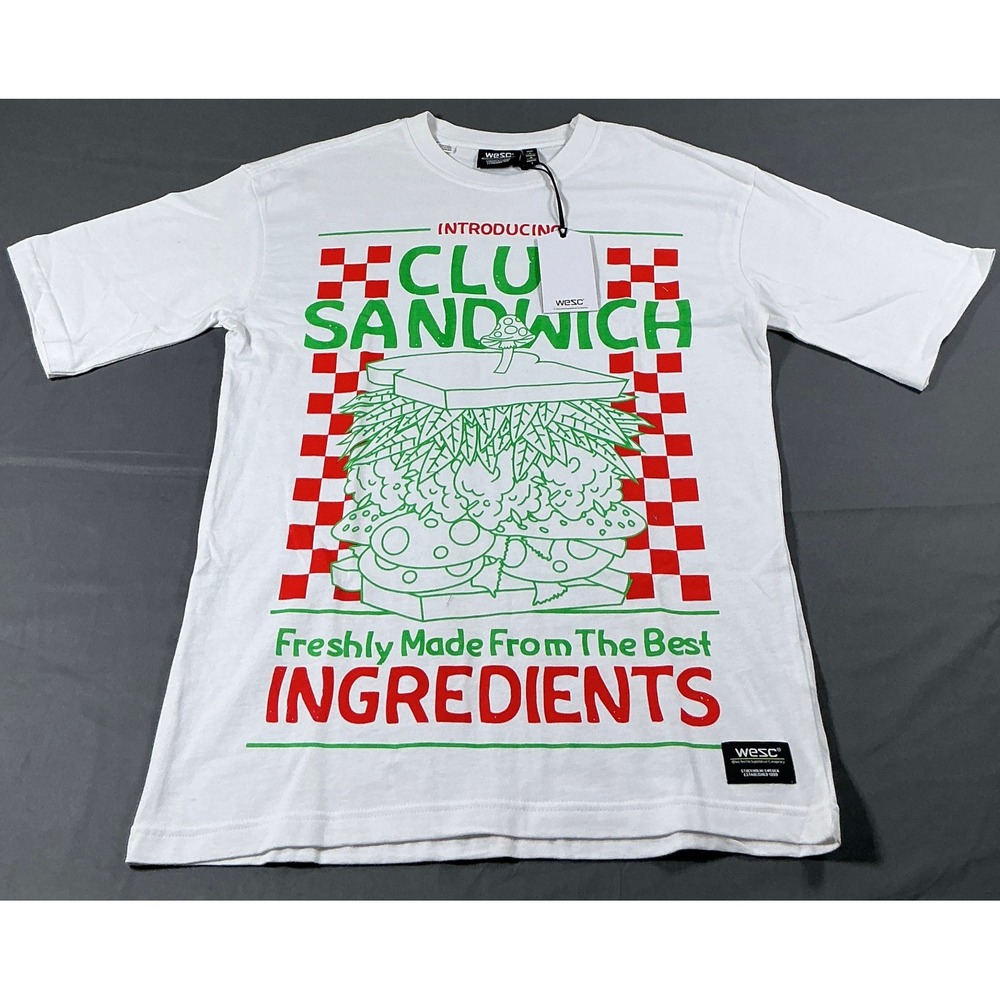 WeSC Mens Club Sandwich Graphic T-Shirt White Oversized Crewneck Small‎ NEW